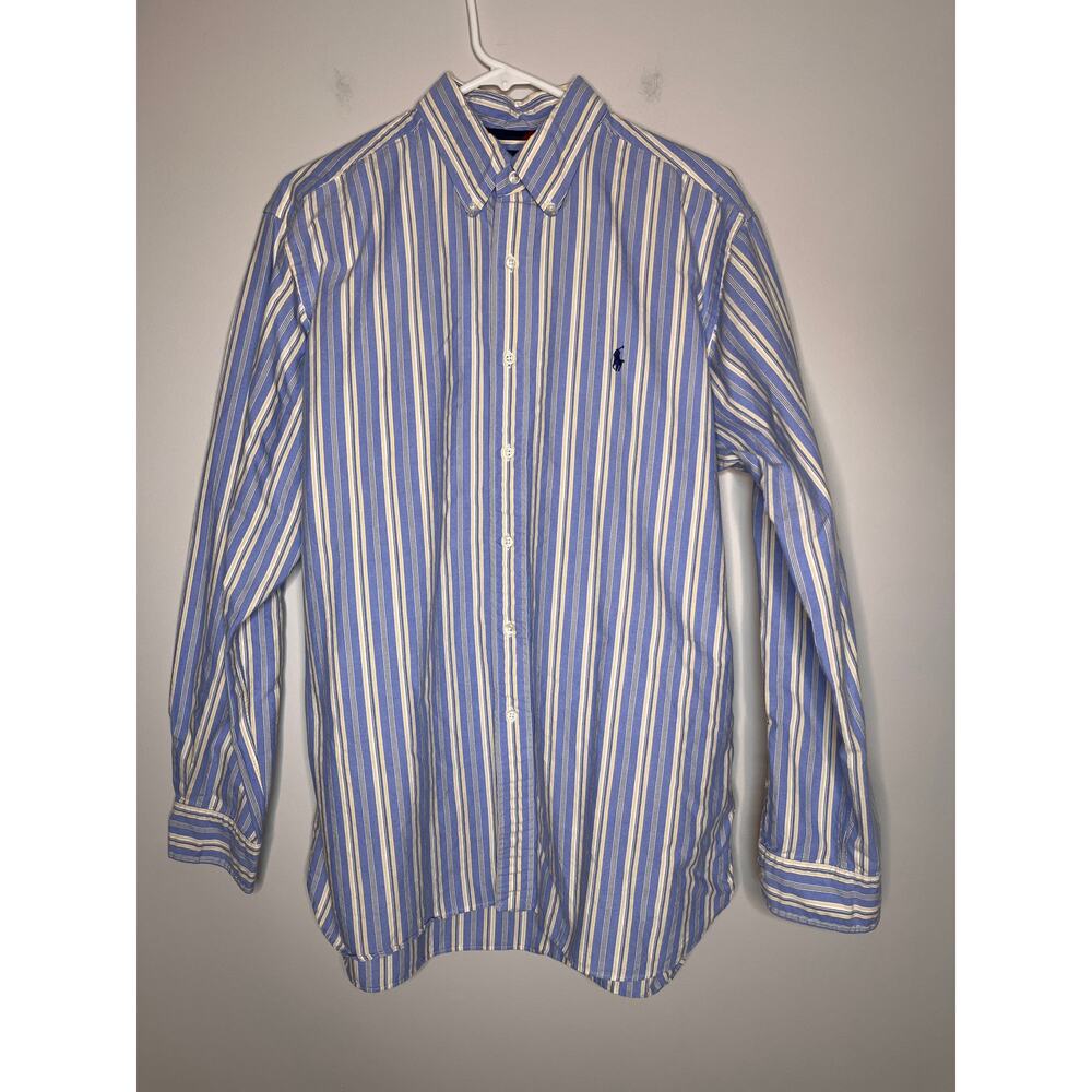 2000s Ralph Lauren Blue Butter Yellow Stripe Rugby Prep Jock Oxford Shirt L